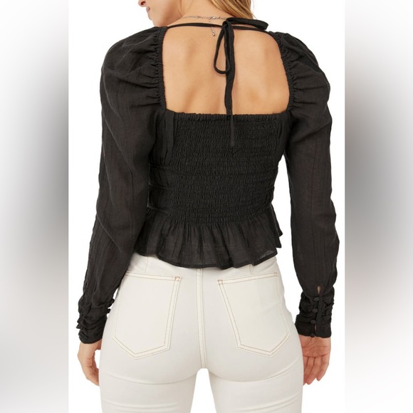 *Last Chance* Free People Chloe Smocked Tie Neck Cotton Top Black 🤍 - Picture 8 of 9